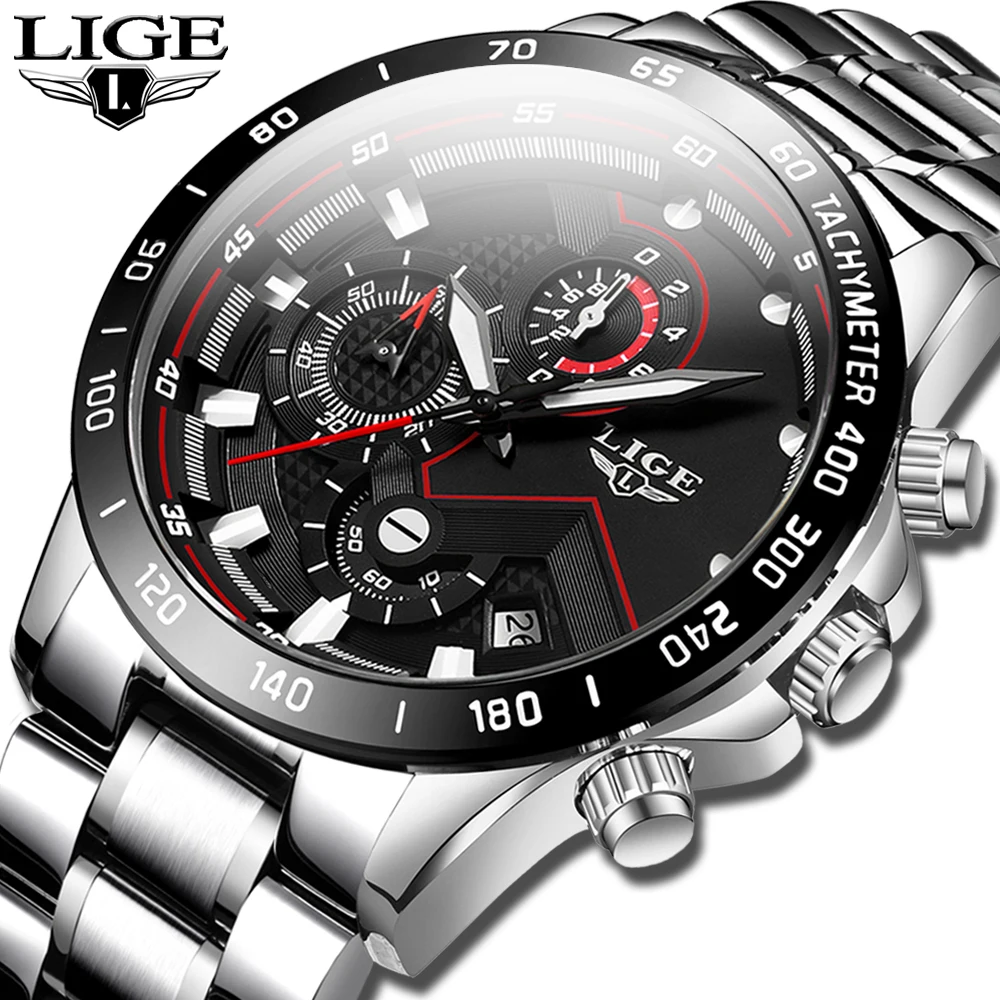 

2020 LIGE New Sport Mens Watches Top Brand Luxury Clock Stainless Steel Waterproof Military Chronograph Quartz Watch Men Relojes
