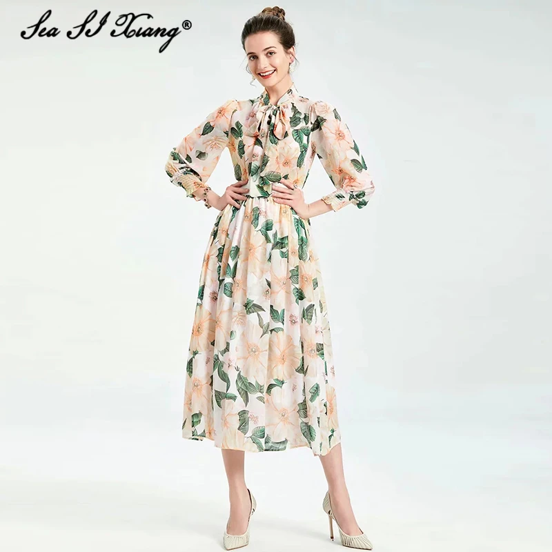 

Женский шифоновый костюм Seasixiang, летний костюм из рубашки с рукавами-фонариками и юбки макси с эластичным поясом и цветочным принтом