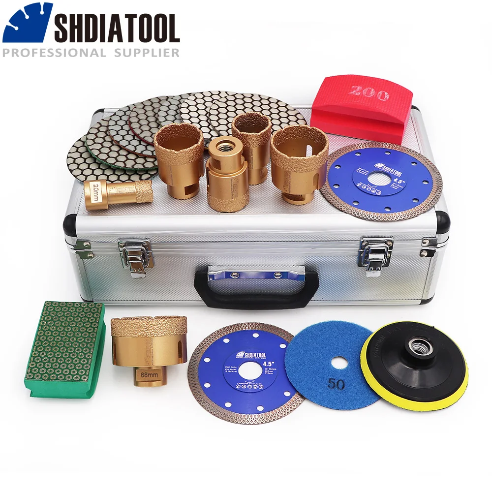 

SHDIATOOL 1set/19pcs Golden M14 20/35/38/43/50/68mm Vacuum Brazed Diamond Drilling Bits And Polishing Pads And Back Pad Set