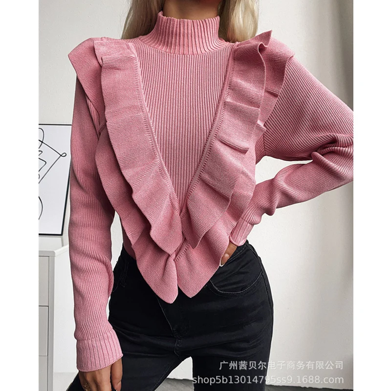 

WEPBEL Women's Elegant Knitted Ruffle Sweater Pullover Top Ladies Autumn Casual Fashion Long Sleeve Turtleneck Slim Fit Knitwear