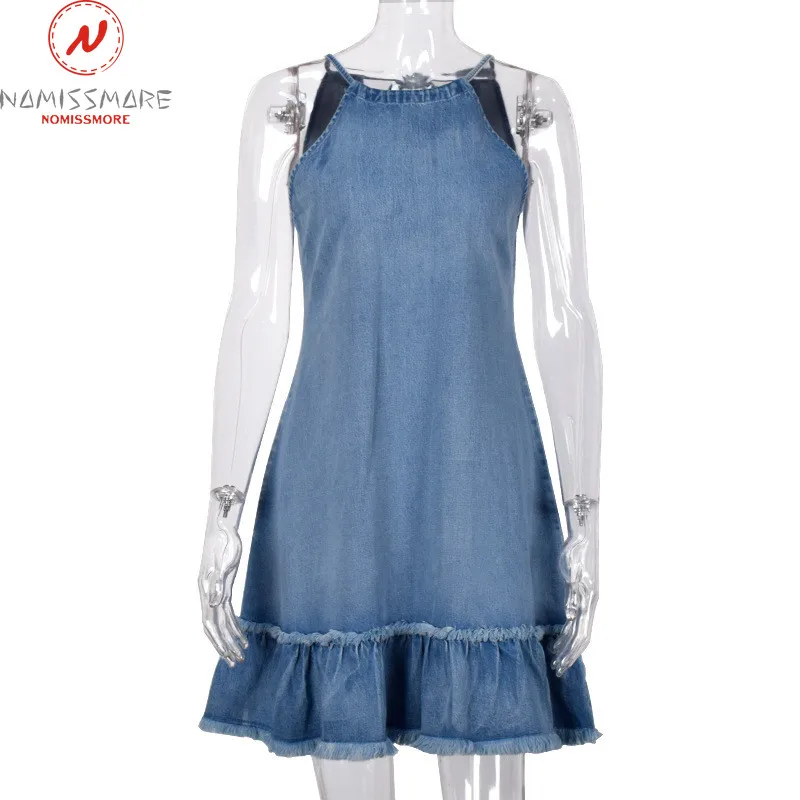 Модное женское летнее джинсовое платье трапециевидной формы Бандажное с