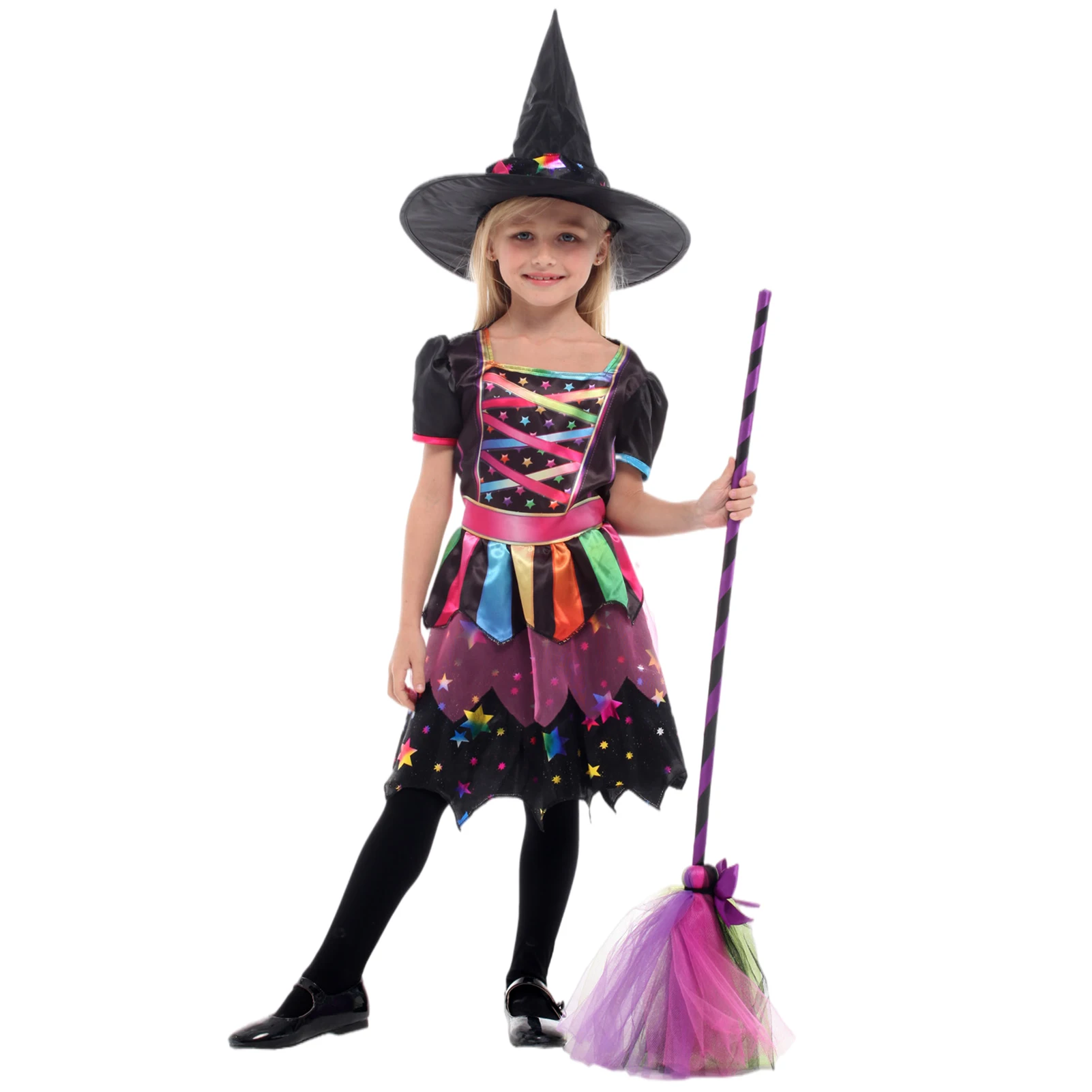 

Костюм ведьмы на Хэллоуин для девочек, блестящий карнавальный костюм с серебряными звездами и остроконечной шляпой, платье с жезлом