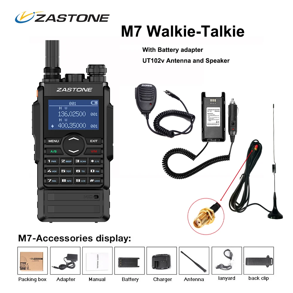 

Zastone M7 dual band 5W walkie talkie 136-174 400-480mhz 250 channels 2600mah battery hf transceiver ham radio