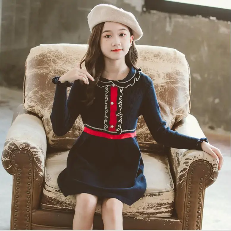 Детское вязаное платье для девочек Осень-зима 2020 платья-свитера с оборками