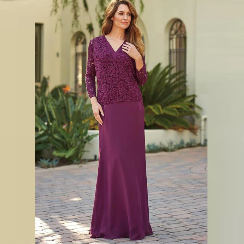 

Glamorous Two Pieces Purple Lace Long Sleeve Mother of the Bride Dresses V Neck Floor Length Pleated Wedding Party Dresses
