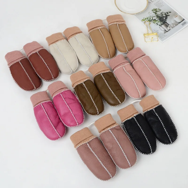 

Kids Super Warm Ski Gloves Mittens Girls Pink Sheep Fur Gloves Manual Children's Boys Sheepskin Mittens Windproof Gloves 1-5Y