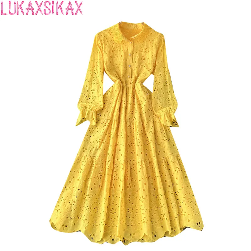 

2022 New Spring Autumn Women Turn-down Collar Long Sleeve Slim Long Dress High Quality Hollow Out Embroidery Vintage Dress