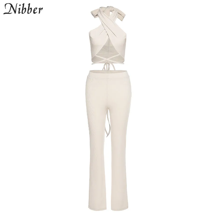 

Nibber Elegant 2Piece Set Women Chic Criss-Cross Bandage Crop Top Casual Straight Pants Co-Ord Knit Outfit 2021 Streetwear Suits