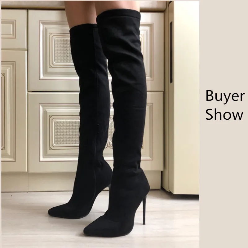 Сапоги женские эластичные выше колена на высоком каблуке черные серые большой