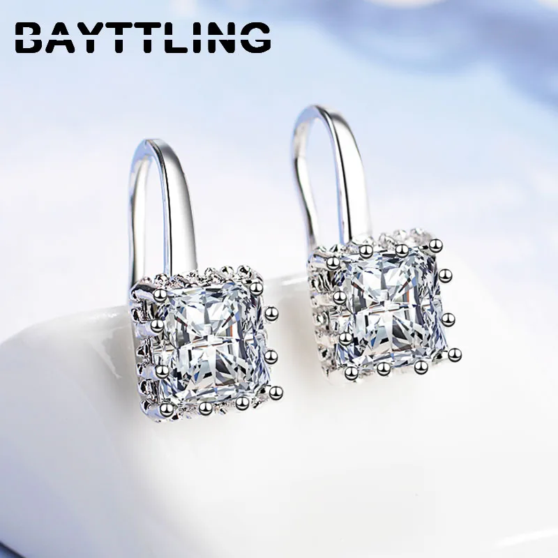

BAYTTLING Silver Color 17MM Fine Square Zircon Drop Earrings For Woman Fashion Glamour Wedding Party Jewelry Gift