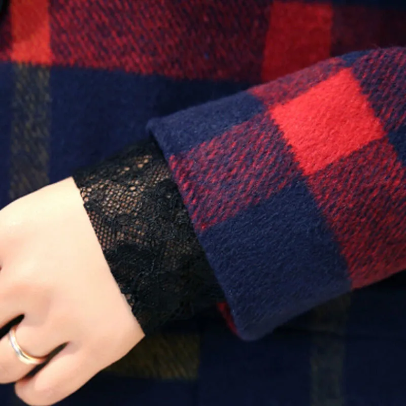 

Droppshiping Women Grid Hooded Overcoat Long Sleeve Slim Fit Woolen Coats Windproof Warm Outwear d88