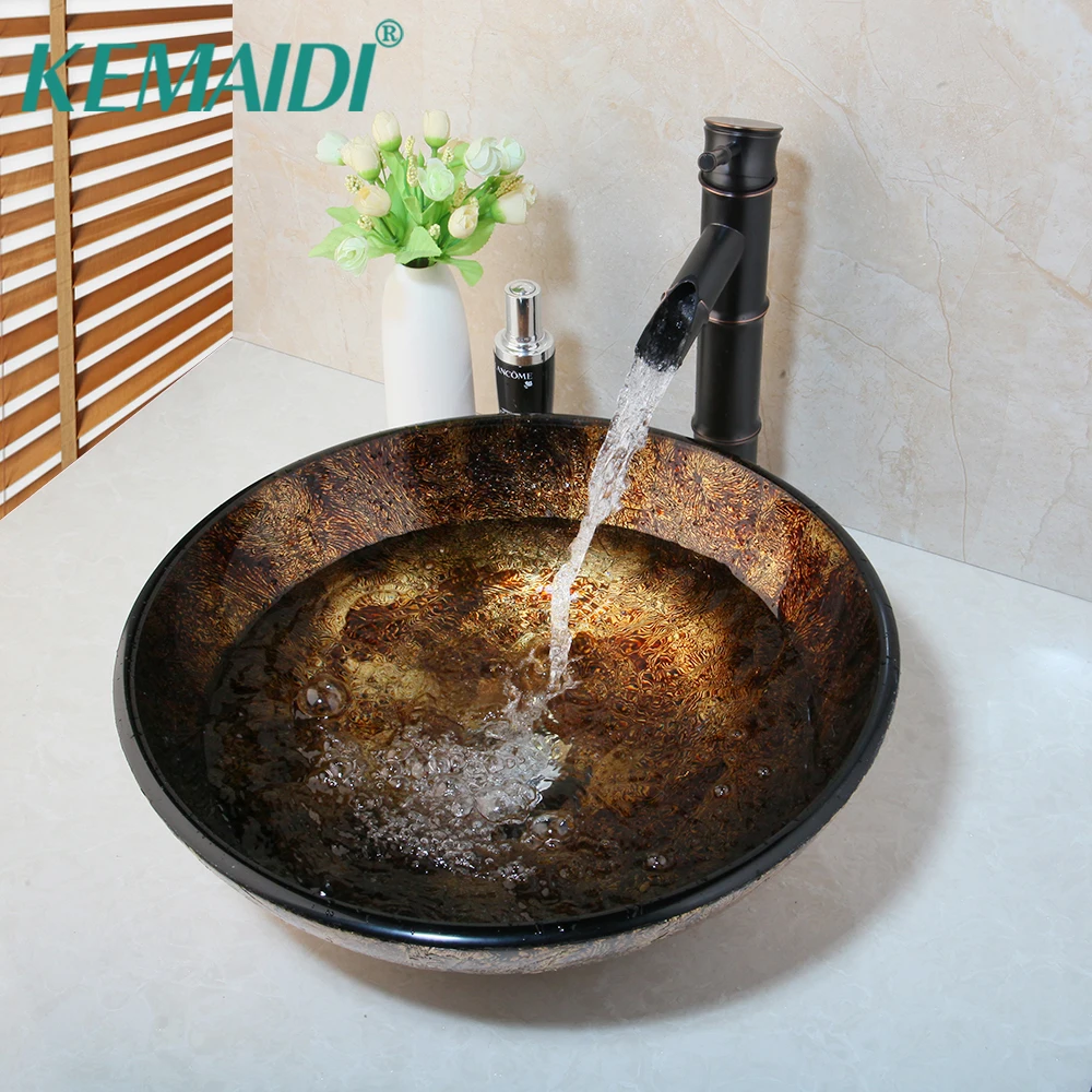 

KEMAIDI WashBasin Round Glass Vessel Sink Faucet Glass Set Bathroom Glass Basin Black ORB Bamboo Waterfall Mixer Tap Faucet