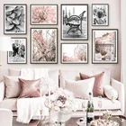 Черно-белая танцовщица скамейка розовый цветок балкон Настенная картина холст скандинавские постеры и принты настенные картины для декора гостиной