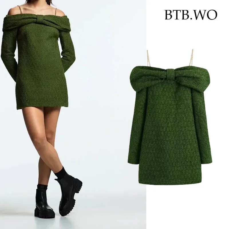 

BTB.WO Za Green Tweed Dress Woman Off Shoulder Short Dresses For Women Long Sleeve Chain Slip Dress Autumn Bow Party Dresses