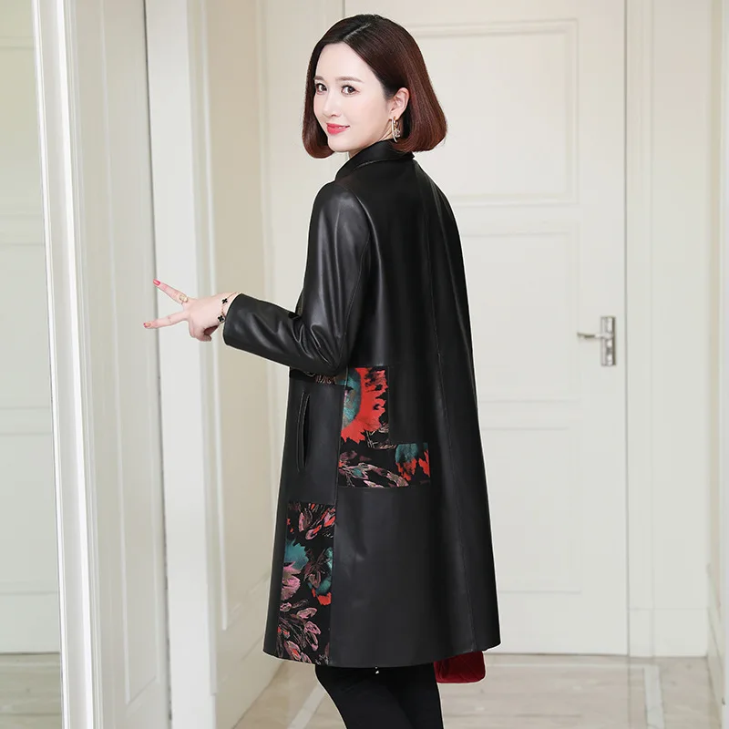 Mother Print Flower Genuine Leather Coats Long Women Long Sleeves Black Slim 4XL Real Sheep Fur Winter Overcoats Windbreaker