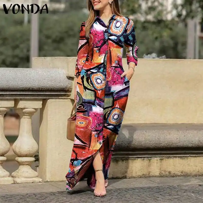 

Elegant Floral Printed Long Maxi Dress 2021 VONDA Women Robe Femme Vintage Lapel Collar Shirts Dress With Pockets Casual Vestido