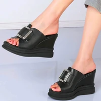 increasing height sandals womens genuine leather platform wedge slippers buckle open toe high heels slides party pumps summer
