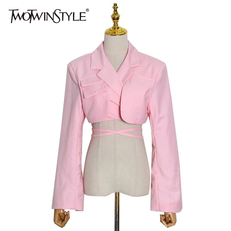 

TWOTWINSTYLE Cross Short Black Blazer For Women Notched Long Sleeve Hollow Out Casual Blazers Female Fashion New Clothing 2021
