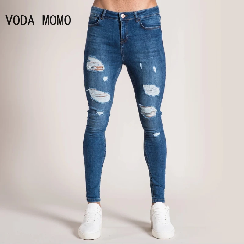 Джинсы для мужчин на пуговицах шорты с дырками Стрейчевые зауженные брюки из