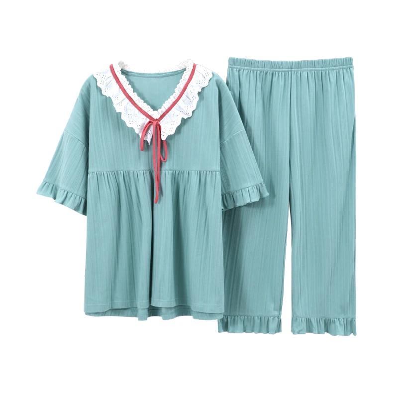 

Plus Size Short Sleeve Summer Homewear Female Women Lolita Sweet Lace Pajamas Set Vintage Sapphire Blue Ladies Cotton Sleepwear