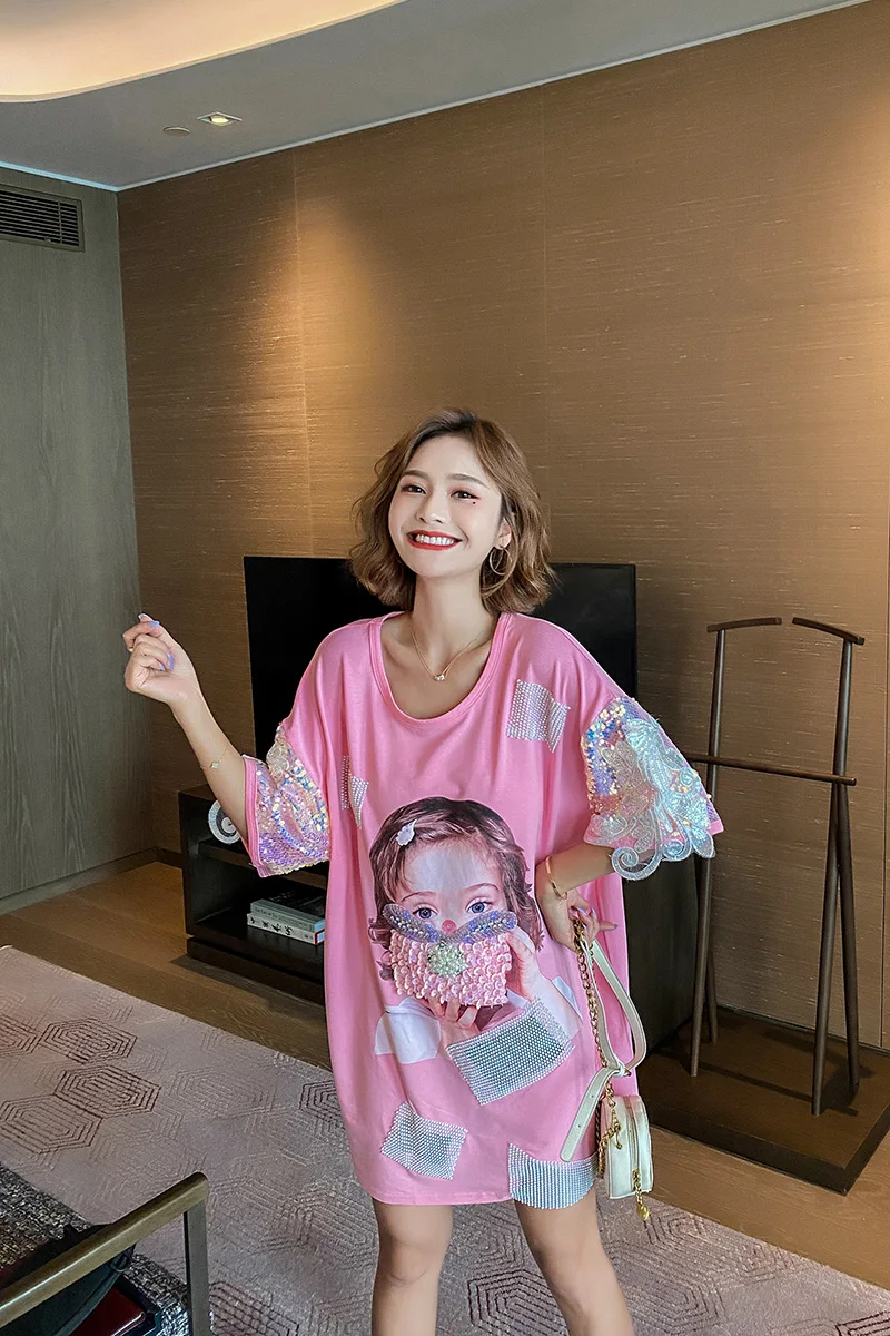 

QING MO Black Pink Women Lovely Dress 2021 Summer Women Embroidery Dress With Sequin Female Short Sleeve Loose Dress ZQY4188