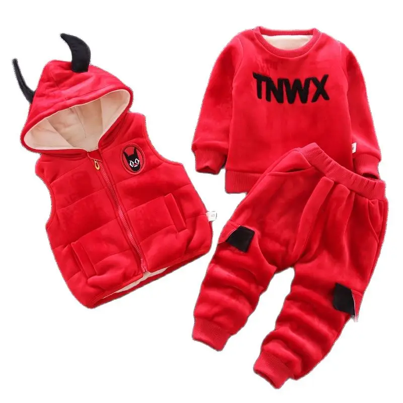 

Осенне-зимняя теплая флисовая одежда для мальчиков и девочек, розовый жилет с капюшоном и двумя карманами, пальто с принтом, брюки, костюмы