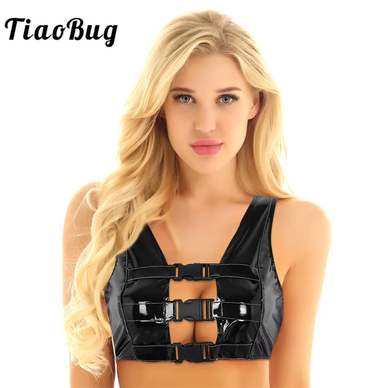 TiaoBug/модные в стиле панк Wetlook из искусственной кожи без рукавов, застежка спереди, открытая спина, женские экзотические латексные пикантные Топы вечерние клубная одежда