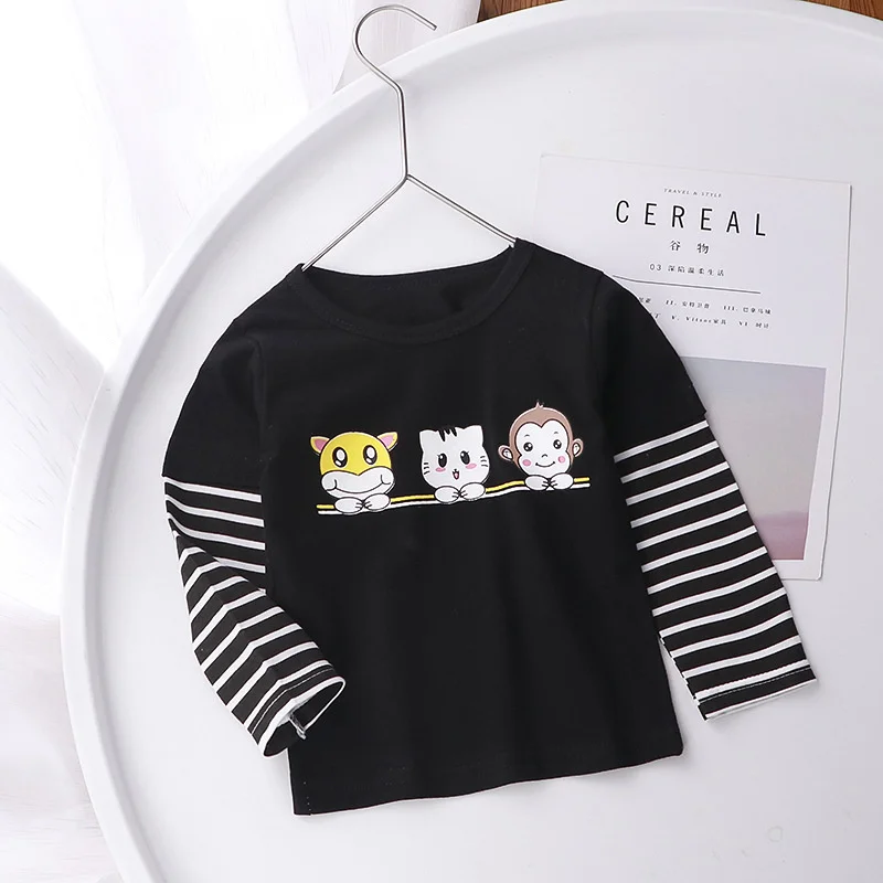 

Children's Clothing Long Sleeve T-Shirt Spring Autumn Korean Cartoon Cotton Baby Boy Girls Shirt Fake Two-piece Top Kids Clothes