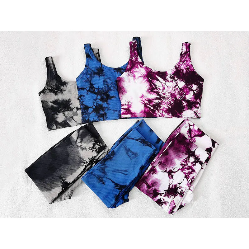 

2021 New Tie-dye Seamless Two Piece Yoga Set Women Gym Workout Clothes High Waist Running Leggings Quick Dry Sports Bra Suits