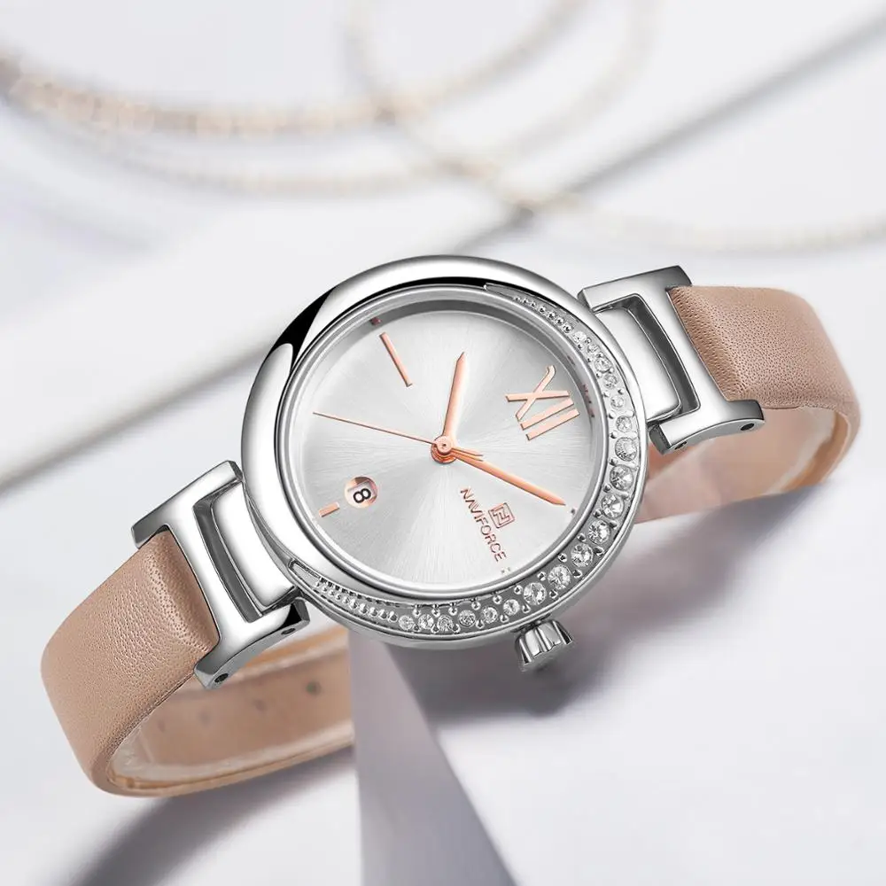 NAVIFORCE женские модные кварцевые часы с кожаным ремешком повседневные