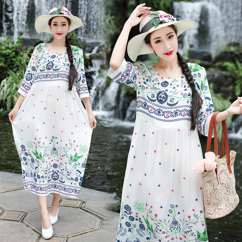 

Brocade Cotton Thin Soft Holiday Travel Casual Dress Print Floral Loose Summer Dress Plus Size Women Prairie Chic Midi Dress