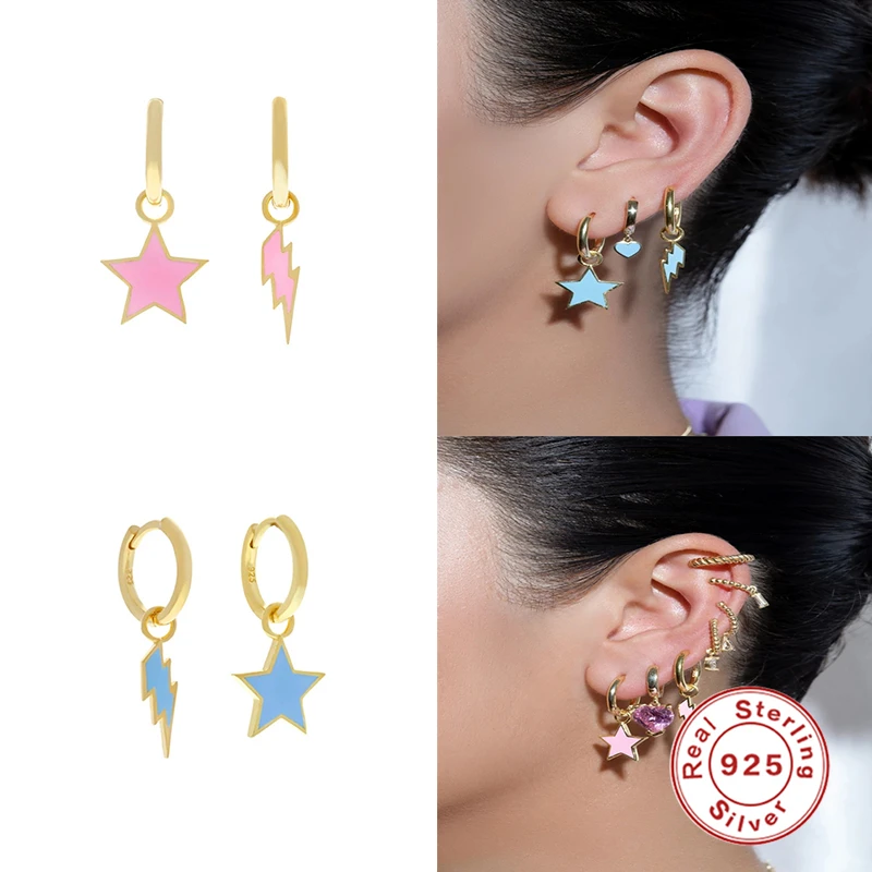 

AIDE 925 Sterling Silver Small Cute Hoop Earring Jewelry Lightning Stars Mushrooms Drip Enamel Huggies Fashion Earrings Hot Sale