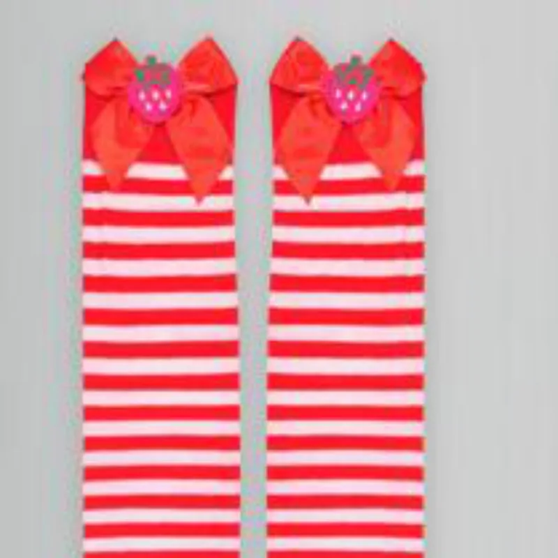 Женские бархатные гольфы полосатые чулки в полоску с клубничным бантом 20 денье