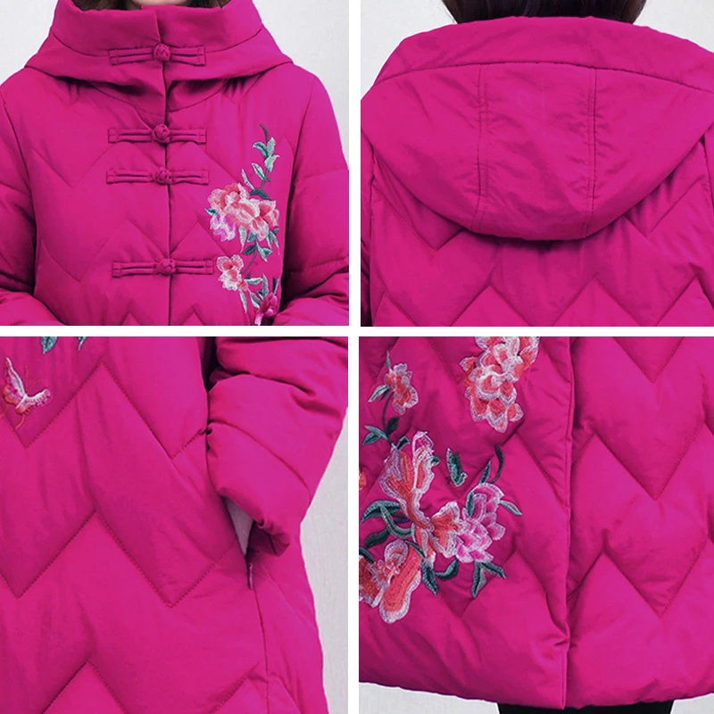 Женская зимняя длинная парка с капюшоном и цветочной вышивкой однобортное