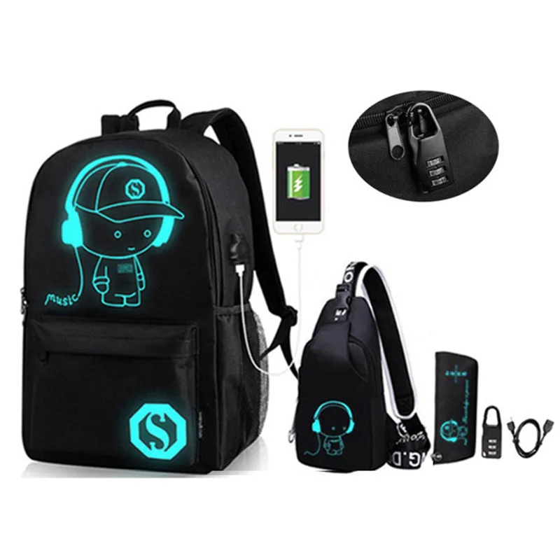 

Светящийся школьный рюкзак в стиле аниме из ткани Оксфорд, маленькая сумка на плечо до 15,6 дюймов с USB-портом для зарядки и замком, школьный ра...
