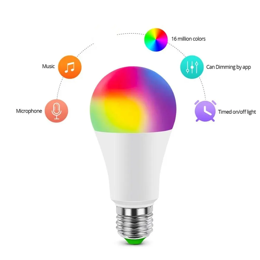 

Умная беспроводная RGB лампа E27, светодиодная лампа с голосовым управлением и управлением через приложение, подключенная к Wi-Fi лампа дневного...
