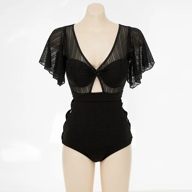 

New Swimsuit Women's Black One-Piece Swimsuit Covering Belly Thin Half Sleeve Two-Piece Hard Bag Swimsuit
