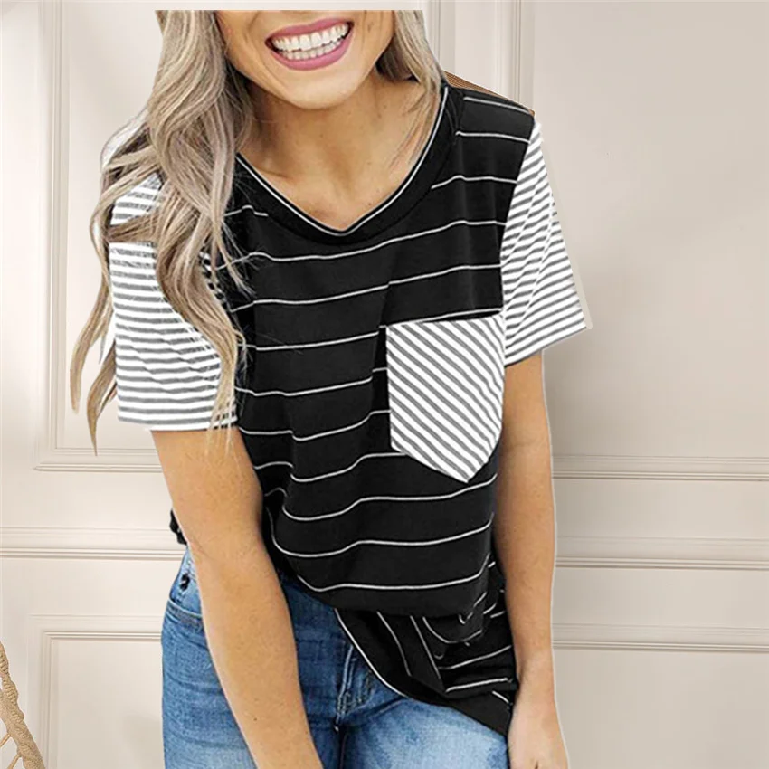 

Striped T Shirt Women O-neck Short Sleeve 2020 New Pocket Tops Tee Shirts Women Clothes Casual Female Raglan sleeves tshirt