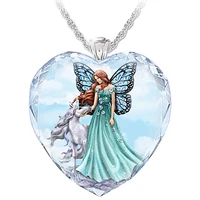 fine beauty style heart shaped fairy unicorn crystal necklace fashion fairy butterfly wing unicorn heart shaped pendant