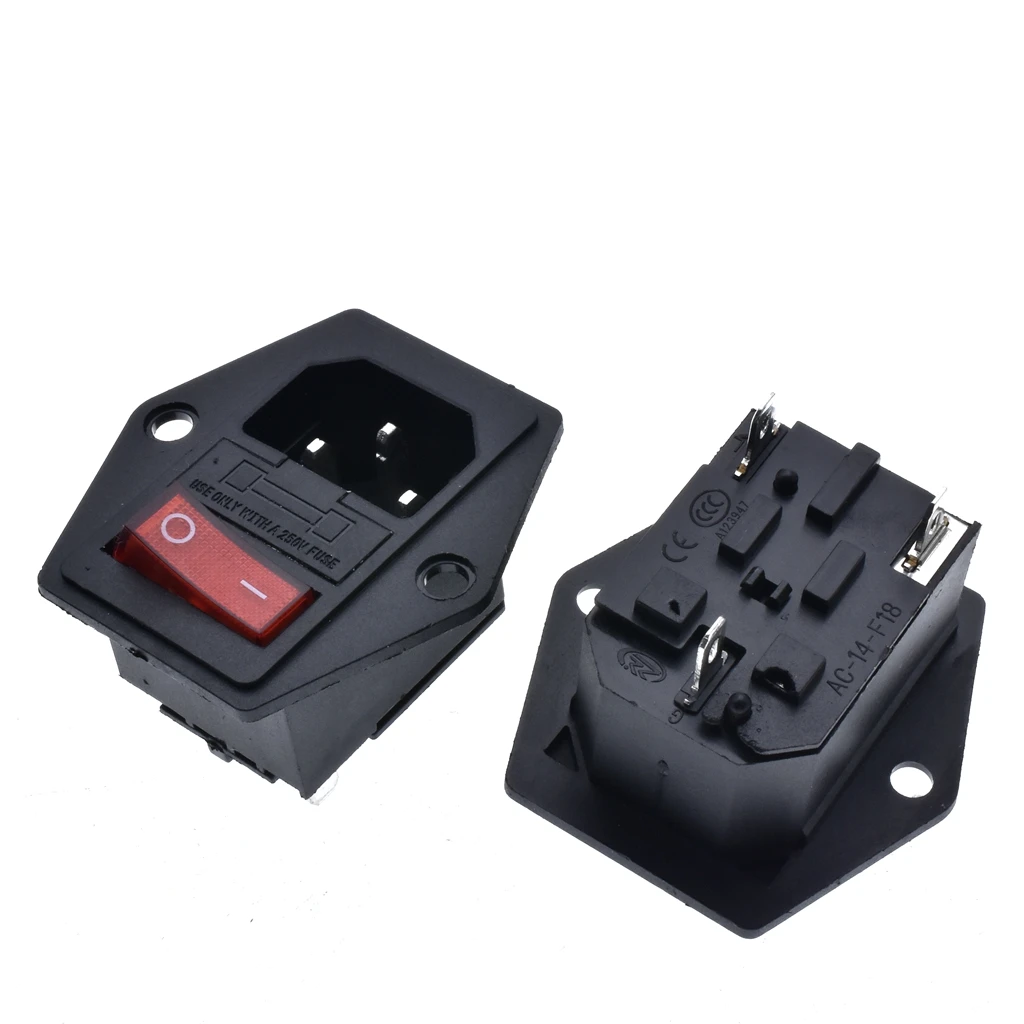 

New Integral Red Light 10A250VAC Rocker Switch Power Rocker Fused IEC 320 C14 Inlet Socket 3pin Connector Plug With fixing holes