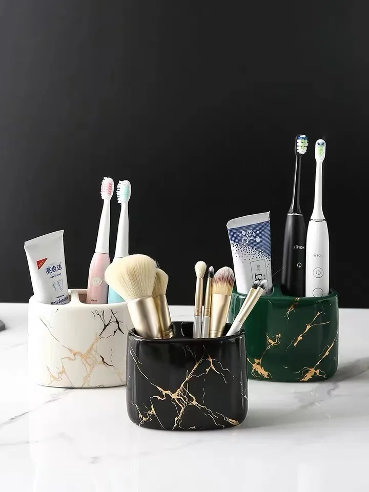 

Nordic Luxury Ceramic Soap Dish Toothbrush Cup Marbling Electric Toothbrush Holder Makeup Brush Storage Bathroom Accessories