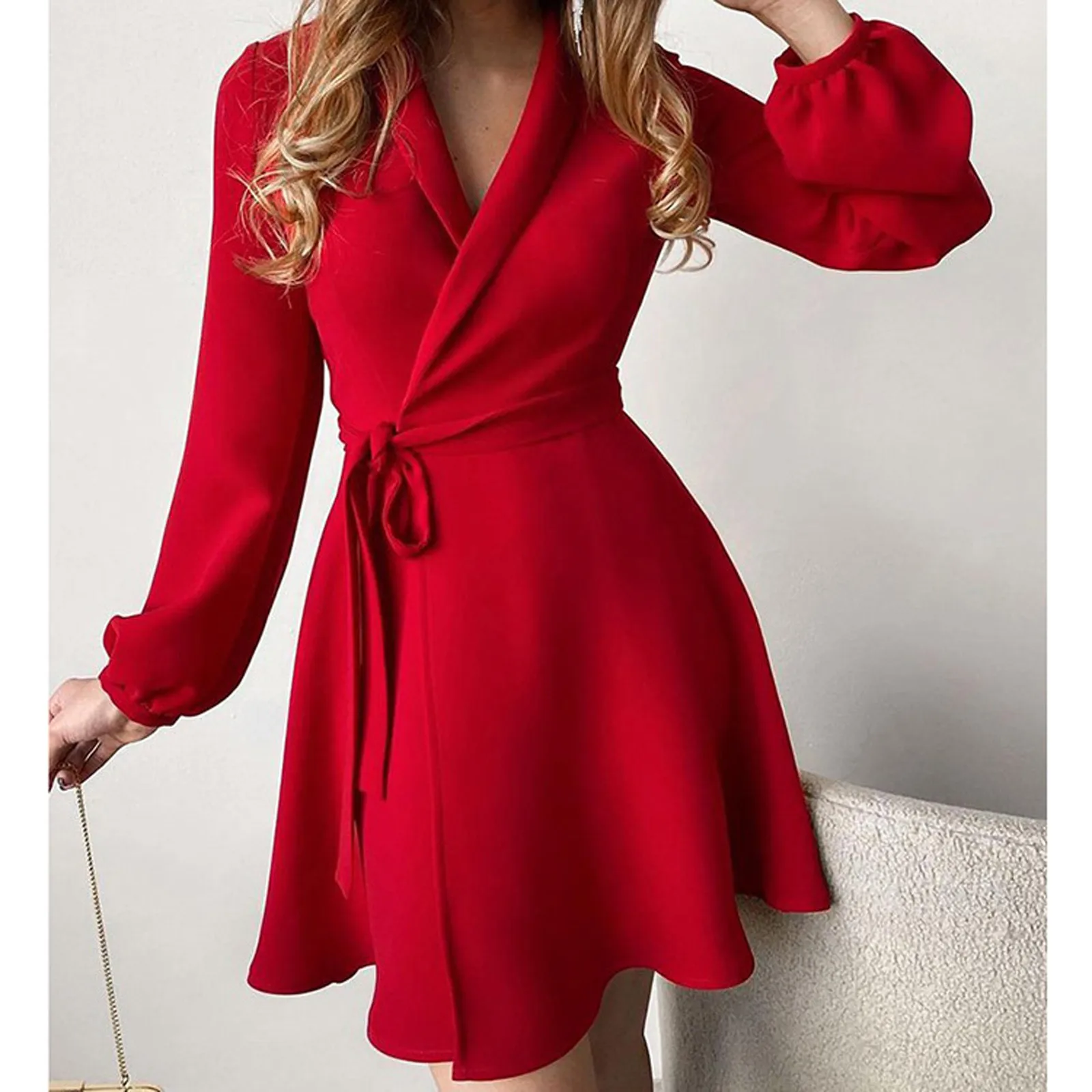 

Ladies Fashion Print Stitching Dress Waist Lapel Temperament A-line Skirt Casual Office Home Elegant Dress Women Party Dress