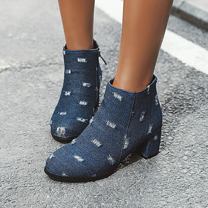 Модные джинсовые ботильоны для женщин ковбойские ботинки на молнии праздничная