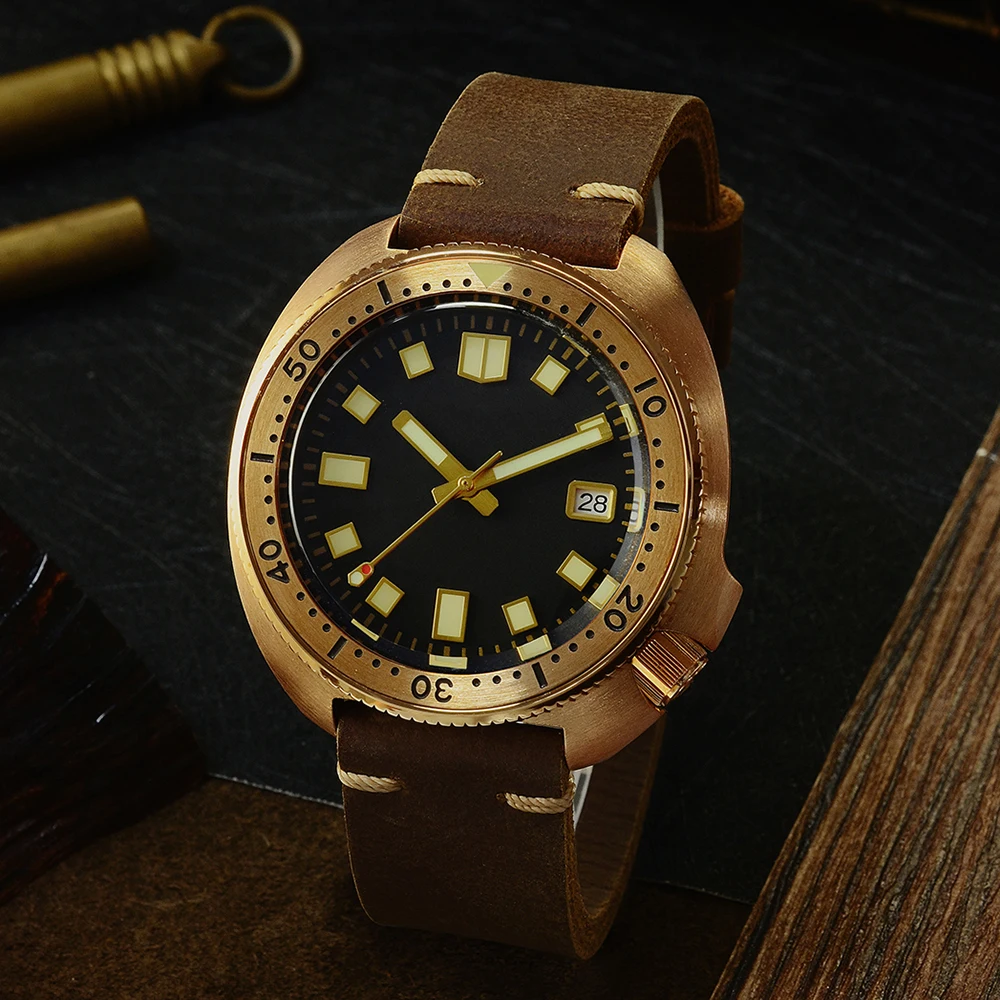 no logo black San Martin, новинка 6105, часы для дайвинга с бронзовым тунцом, Водонепроницаемость 200 м, Акула, кожаный ремешок, Мужские автоматические наручные часы для мужчин - Цвет: no logo black