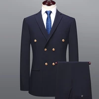 2021 spring and autumn new suit two piece male british casual self cultivation double breasted pure color blue wedding professio