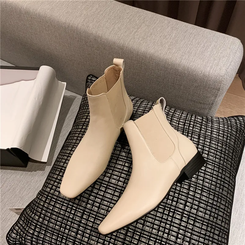 

Meotina Short Boots Women Shoes Genuine Leather Thick Heels Chelsea Boots Square Toe Low Heel Ankle Boots Autumn Winter Size 40