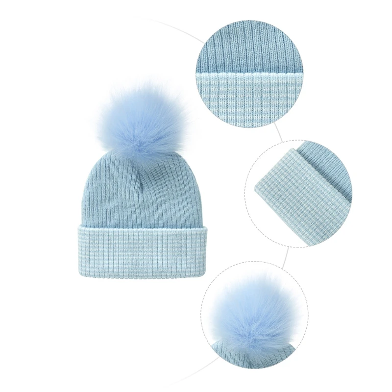 

T5EC Hat Autumn And Winter Wild Wool Fur Ball Children's Warm Ear Protection Knitted Hat Hedging Striped Two Sizes