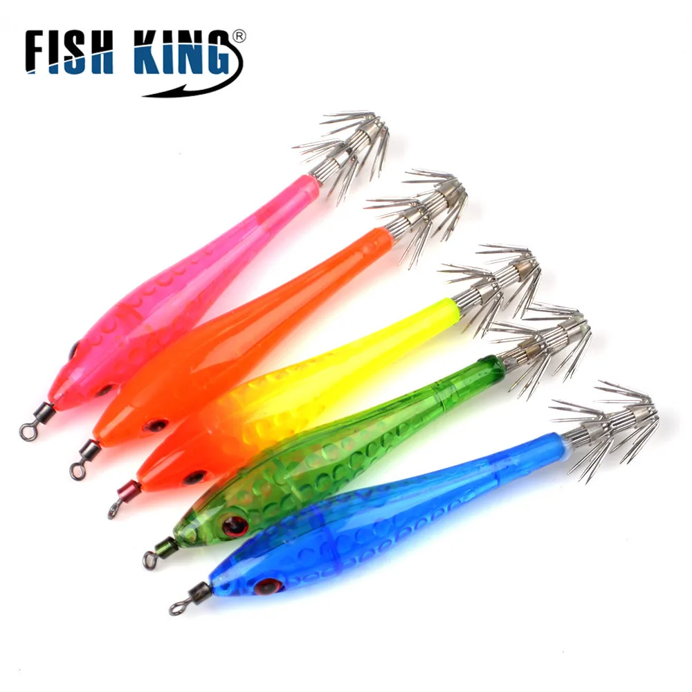 

FISH KING 5pcs Luminous Hard Shrimps Squid Jig Hook Fishing Lure 90mm/5.5g with 3D Eyes Jigging Octopus Cuttlefish Shrimp Baits