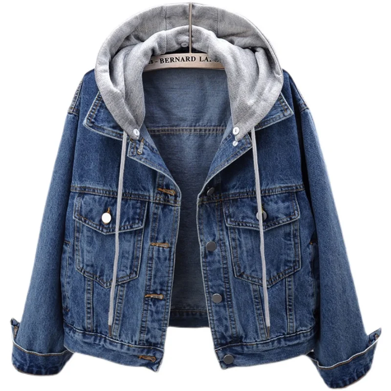 

Винтажная джинсовая куртка для женщин, осенняя верхняя одежда с длинным рукавом и капюшоном, Повседневная ветровка, короткая джинсовая кур...