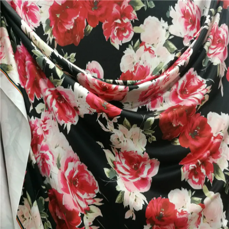 2020 эластичная шелковая ткань с большими цветами черная нижняя принтом розы для